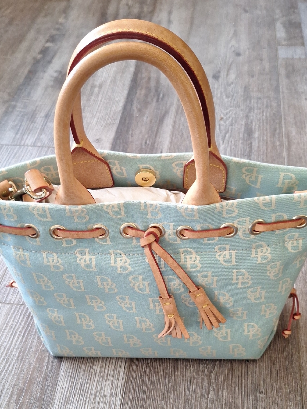 Dooney & Bourke Light Blue Monogram Logo Canvas Tote Tan Leather Trim Tassels